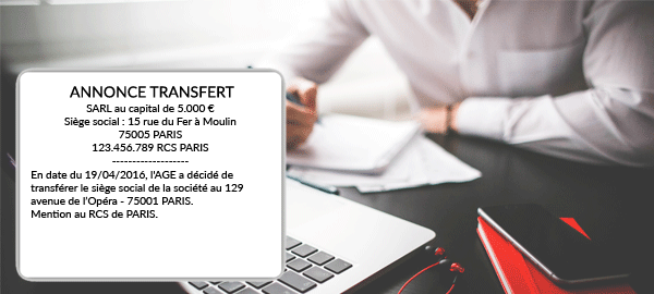 Modèle annonce légale transfert de siège social | Legalin.fr
