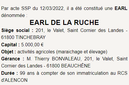 Mod&egrave;le annonce legale EARL 1