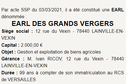 Mod&egrave;le annonce legale EARL 2