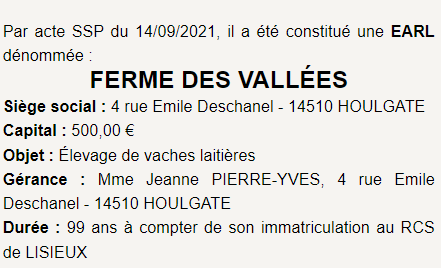 Mod&egrave;le annonce legale EARL 3