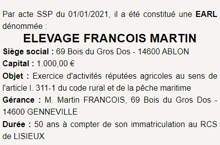 Mod&egrave;le annonce legale EARL 4